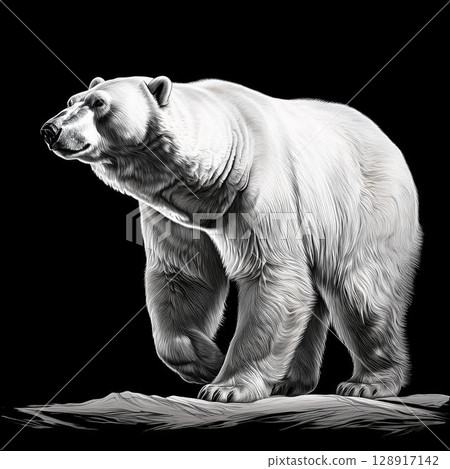 A realistic and powerful polar bear standing against a black background 128917142
