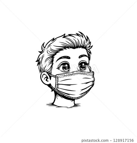 Illustration of a young boy wearing a protective face mask during a pandemic 128917156