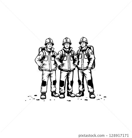 Three determined construction workers in full gear, standing united and ready to work 128917171