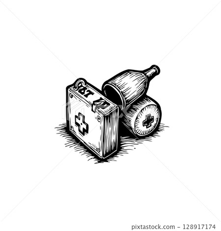 First aid kit and medicine bottles illustration in black and white design sketch First aid kit and medicine bottles illustration in black and white design sketch 128917174