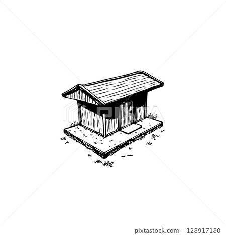 Simple cartoon illustration of a small, rustic building on a concrete base 128917180