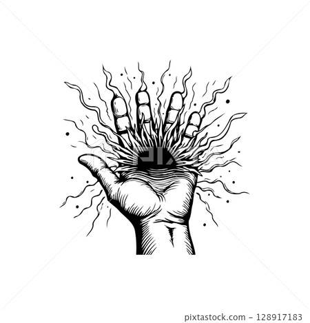 Mystical hand emitting energy with intricate design, conveying power and magic Mystical hand emitting energy with intricate design, conveying power and magic 128917183