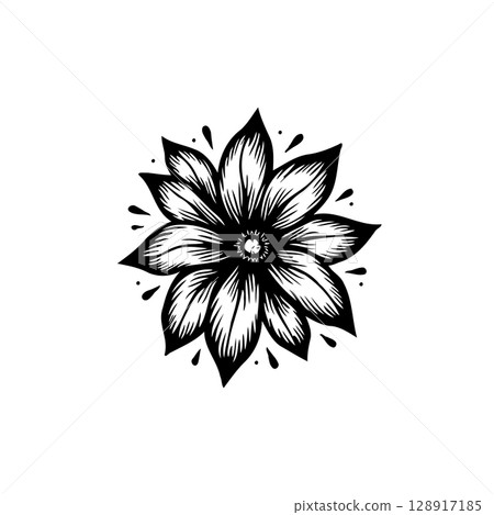 Elegant Black and White Flower Illustration with Detailed Petals and Artistic Style Elegant Black and White Flower Illustration with Detailed Petals and Artistic Style 128917185