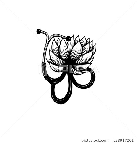 Stethoscope with a lotus flower for medical emblem, symbolizing health and well being 128917201