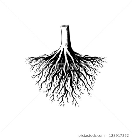 Abstract black and white tree roots illustration, symbolizing connection and growth 128917252