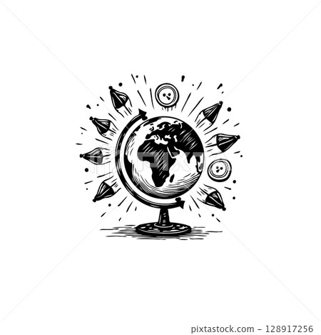 A stylized illustration of a globe with orbiting pens, suggesting writing globally 128917256