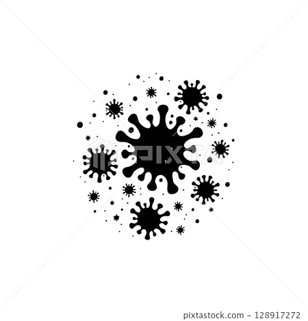 Black and white illustration of a coronavirus particle, showcasing its structure 128917272