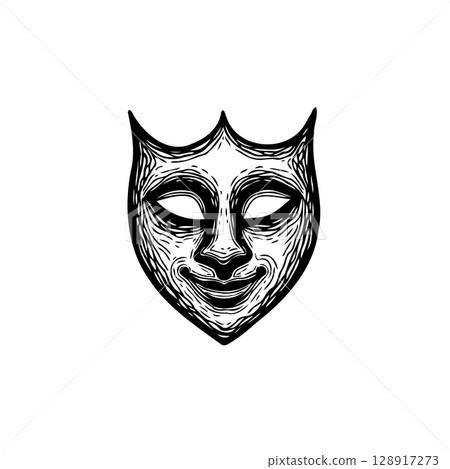 Mysterious mask with a sinister smile in black and white sketch style art 128917273