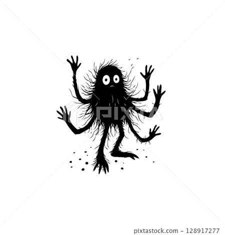 Cartoonish creature with multiple arms and legs in black and white drawing style Cartoonish creature with multiple arms and legs in black and white drawing style 128917277