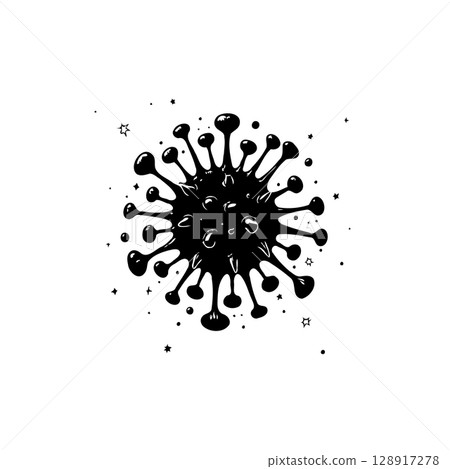 Stylized Black and White Illustration of a Coronavirus Particle with Starry Accents Stylized Black and White Illustration of a Coronavirus Particle with Starry Accents 128917278