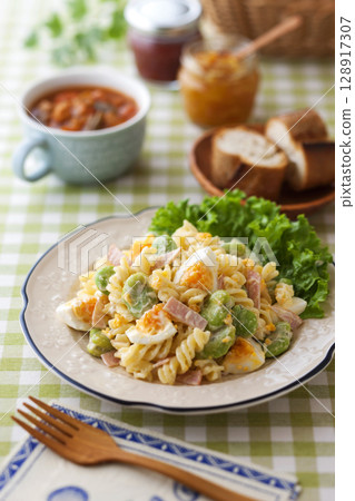 Macaroni salad with broad beans and boiled eggs Macaroni salad with broad beans and boiled eggs 128917307