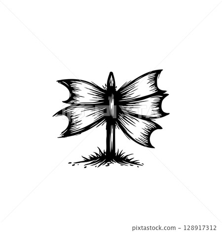 Monochrome stylized butterfly illustration with intricate wing details on white 128917312