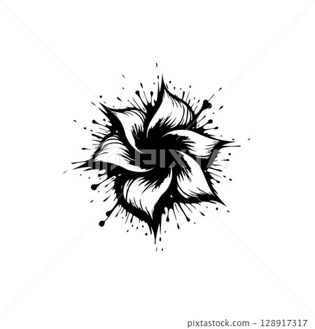 Abstract black and white flower design with ink splatters illustration on canvas Abstract black and white flower design with ink splatters illustration on canvas 128917317