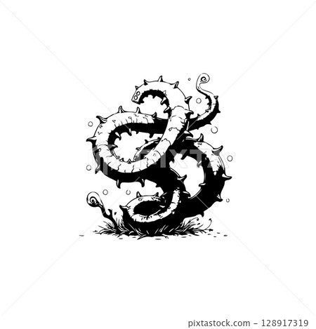 Monochromatic tentacle monster illustration with spikes against a white background 128917319