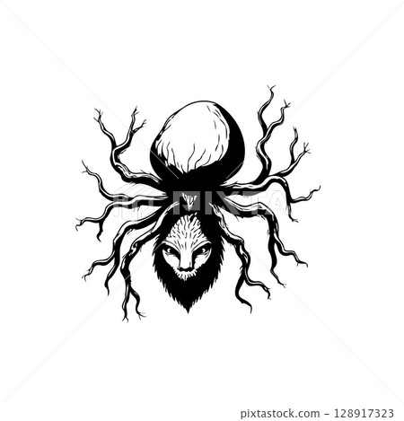 Spider-like creature with a feline face and branch-like legs in black and white sketch Spider-like creature with a feline face and branch-like legs in black and white sketch 128917323