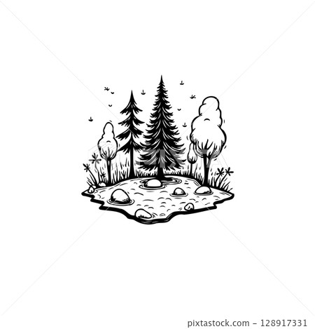 Monochrome illustration of a serene nature scene with trees and a tranquil pond 128917331