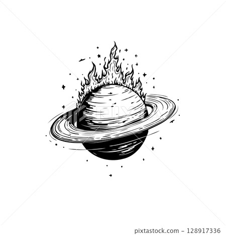 Saturn engulfed in flames: A captivating black and white space illustration 128917336