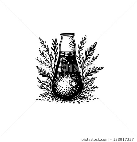 Elegant apothecary bottle illustration surrounded by delicate botanical elements 128917337