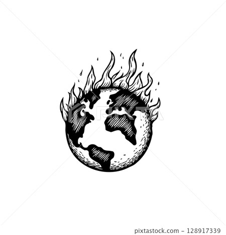 Conceptual illustration of earth on fire, highlighting environmental crisis concerns Conceptual illustration of earth on fire, highlighting environmental crisis concerns 128917339