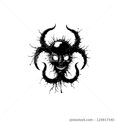 Creepy and striking black and white skull with tentacle illustration on white Creepy and striking black and white skull with tentacle illustration on white 128917340