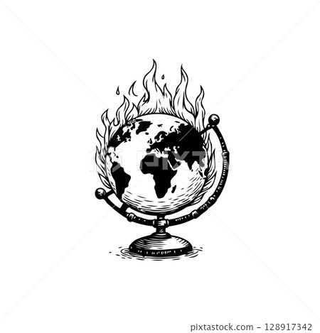 Conceptual illustration of a burning globe symbolizing climate change and global warming 128917342
