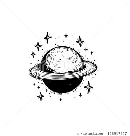 Saturn planet with rings surrounded by stars in hand drawn engraving style 128917357