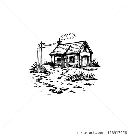 Charming Sketch of a Rural House with a Chimney Emitting Smoke in Black and White 128917358
