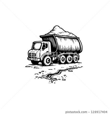 Monochrome Illustration of a Dump Truck Filled with Aggregate Material Hauling Load Monochrome Illustration of a Dump Truck Filled with Aggregate Material Hauling Load 128917404