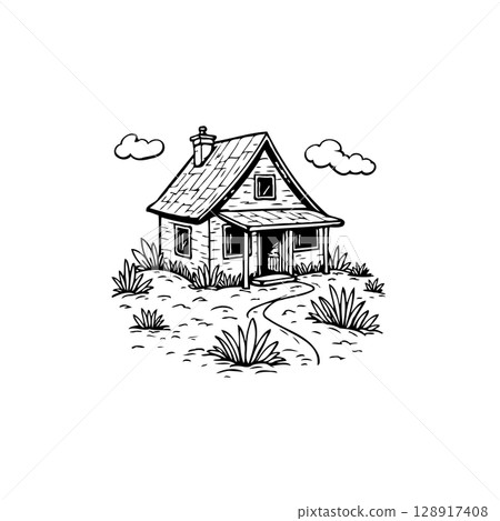 Hand Drawn Cozy Cottage Illustration with Clouds and Nature Surroundings 128917408