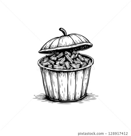 Hand-Drawn Illustration of a Container with Lid Full of Small Rectangular Objects Hand-Drawn Illustration of a Container with Lid Full of Small Rectangular Objects 128917412