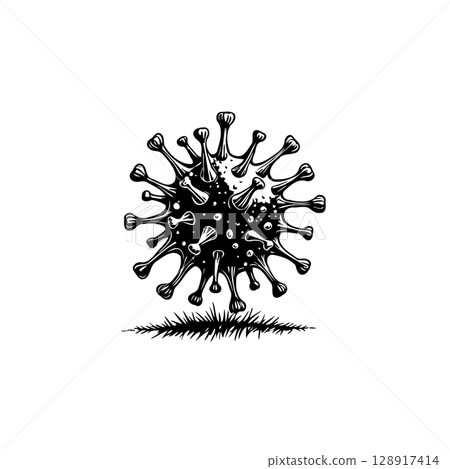 Monochromatic Coronavirus depiction over grass illustration isolated on white Monochromatic Coronavirus depiction over grass illustration isolated on white 128917414