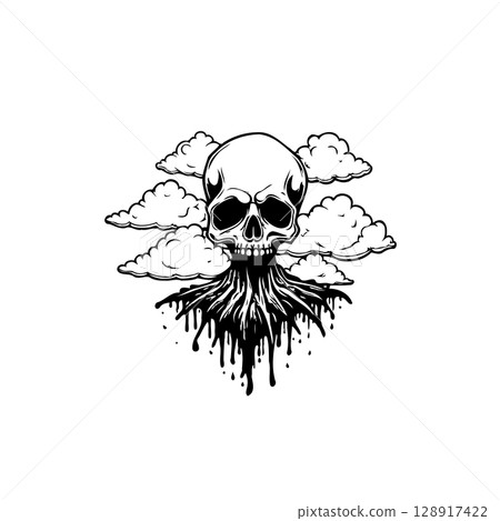 Monochrome skull with cloud background and dripping roots evoking mortality Monochrome skull with cloud background and dripping roots evoking mortality 128917422