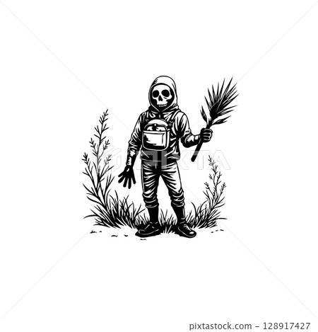 Creepy skeleton explorer in hoodie stands amidst foliage holding foliage, vector art 128917427