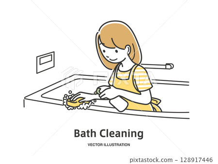 一位婦女清洗浴室的插圖素材 128917446