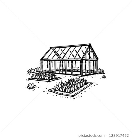 Minimalist greenhouse illustration surrounded by garden beds for creative projects Minimalist greenhouse illustration surrounded by garden beds for creative projects 128917452