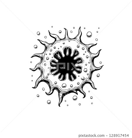 Abstract representation of a pathogen with spiky projections in black and white 128917454