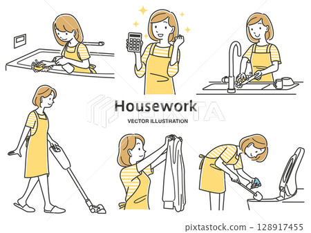 年輕女子做家事的插圖集 128917455