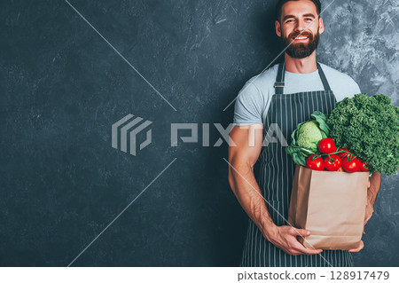 Happy Man Holding Fresh Organic Vegetables in Paper Bag Against Dark Background 128917479