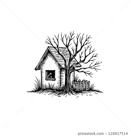 Stylized black and white illustration of a house with a tree aesthetic image Stylized black and white illustration of a house with a tree aesthetic image 128917514