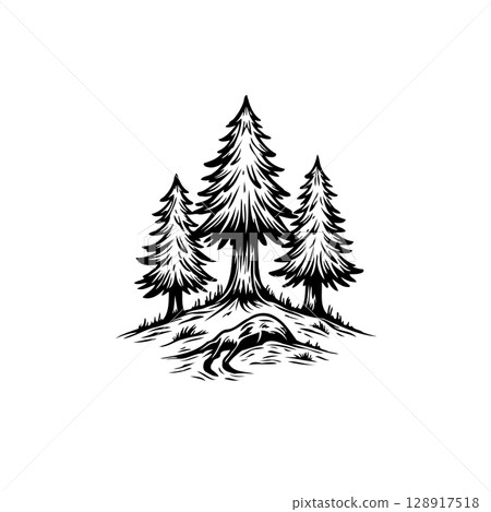 Monochrome Illustration of Three Pine Trees in a Natural Landscape with a Stream 128917518