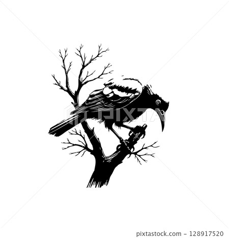 Mysterious raven perched on bare branches in stark black and white illustration 128917520