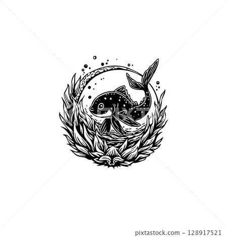 Intricate Black and White Fish Illustration in Circular Floral Frame Artwork 128917521