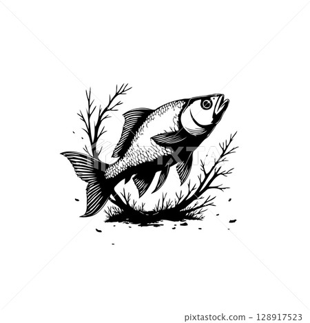 Detailed monochrome vector illustration of a fish swimming among plants, suitable for design 128917523