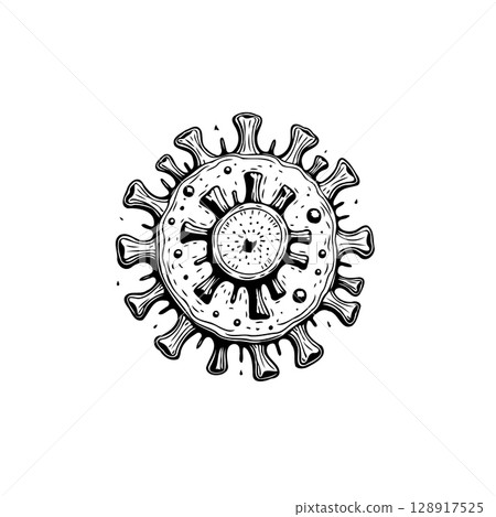Monochrome illustration of a coronavirus cell, representing a global health threat Monochrome illustration of a coronavirus cell, representing a global health threat 128917525