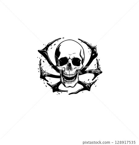 Skull and crossbones design in black and white with a menacing and edgy feel 128917535