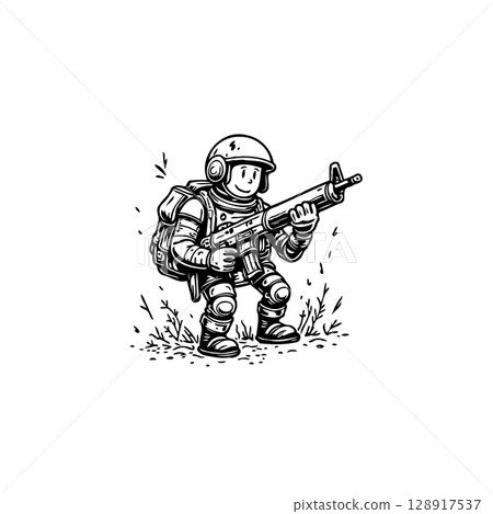 Cartoon soldier character with rifle, black and white vector illustration 128917537