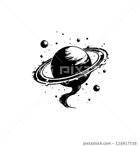 Black and White Saturn Planet Illustration with Rings and Celestial Orbits Design 128917538