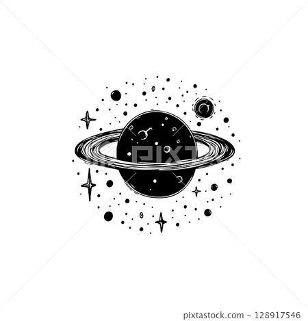 Hand-Drawn Saturn with Rings and Stars, Vector Illustration for Space Enthusiasts 128917546
