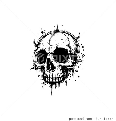 Striking monochrome skull illustration with drips and spikes for dark themes Striking monochrome skull illustration with drips and spikes for dark themes 128917552