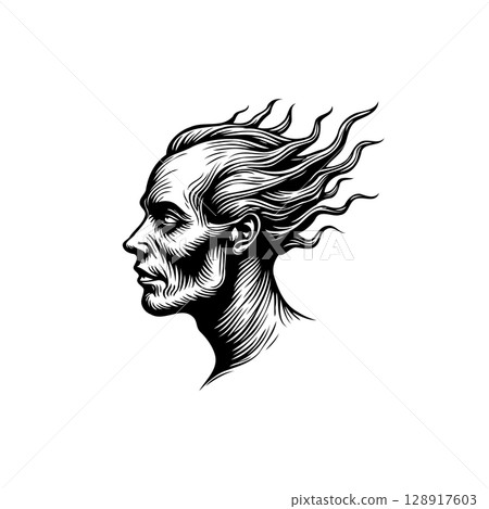 Monochrome portrait of a person with stylized hair, artistic and unique design Monochrome portrait of a person with stylized hair, artistic and unique design 128917603